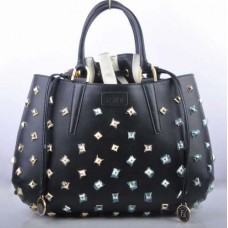 Fendi B Fab černá kožená taška se zlatými drahokamy a velkou rukojetí nahoře Fendi B Fab černá kožená taška se zlatými drahokamy a velkou rukojetí nahoře