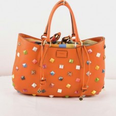 Velká kabelka Fendi B Fab Studded Orange Ferrari z kůže s vícebarevnými drahokamy a horní rukojetí