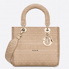 Střední dámská kabelka Dior D-Lite z béžového vyšívaného plátna
