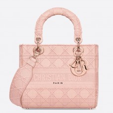 Střední dámská kabelka Dior D-Lite z růžového vyšívaného plátna